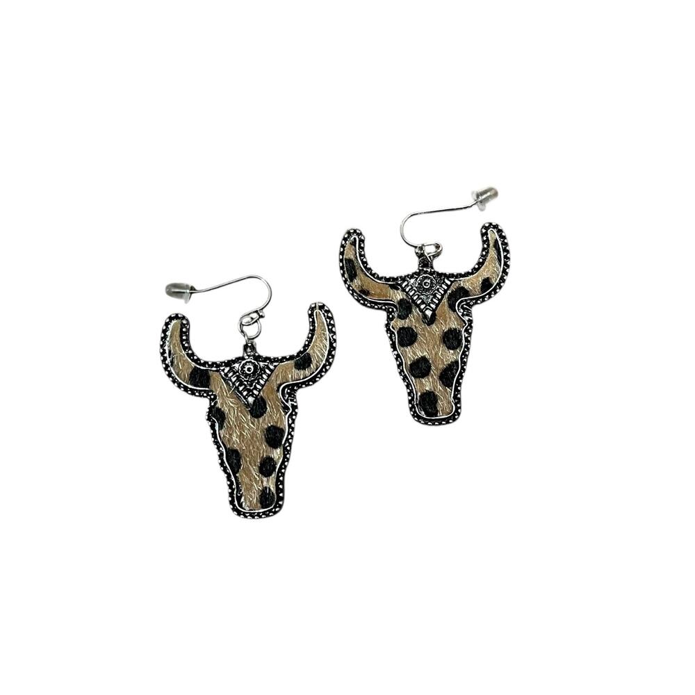 Cheetah Print Furry Texture Bull Head Longhorn Skull Boho Dangle Earrings